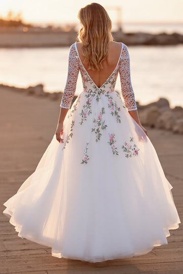 White Tulle A Line Boho Floor Length Wedding Dress with Flowers
